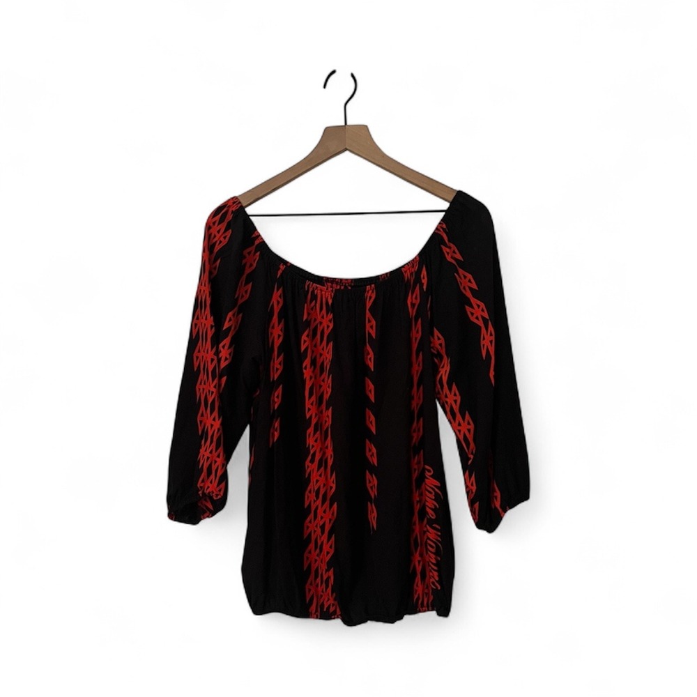 Nahe Wahine Hawaiian Top Blouse On or Off Shoulder Large Red Black